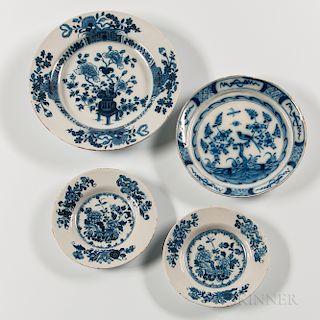 Four Floral-decorated Tin-glazed Earthenware Plates