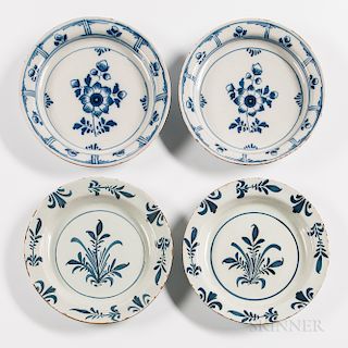 Two Pairs of Floral-decorated Tin-glazed Earthenware Plates