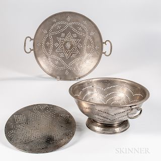 Early Pewter Colander and Two Pierced Strainers