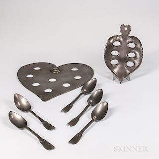 Two European Pewter Heart-form Spoon Holders and Five French Spoons