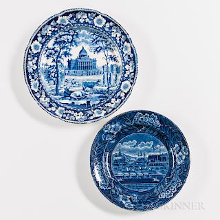 Staffordshire Historical Blue Transfer-printed Landing of Lafayette and Boston Statehouse Plates