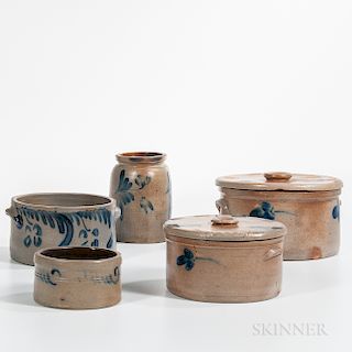 Four Cobalt Decorated Pennsylvania Stoneware Crocks and a Jar