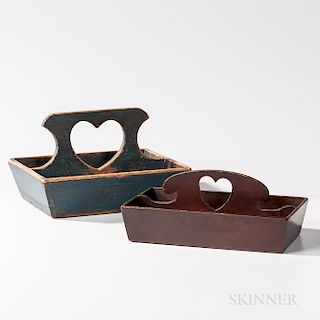 Two Painted Cutlery Boxes with Heart Cutout Handles
