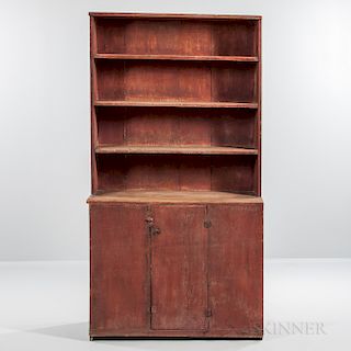 Red-painted Pine One-piece Step-back Cupboard