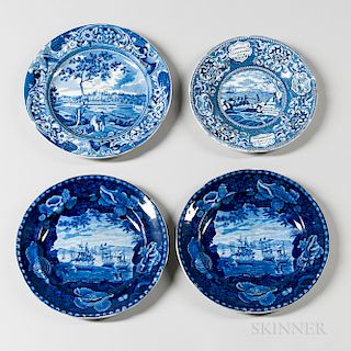 Four Staffordshire Historical Blue Transfer-decorated Plates