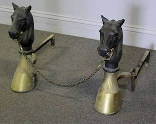 Pair of Vintage Brass and Iron Figural Andirons.