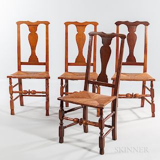 Set of Four Country Queen Anne Rush-seat Spanish-foot Side Chairs