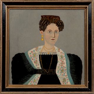 American School, Early 19th Century  Portrait of a Woman Wearing a Tortoiseshell Comb and Floral Scarf