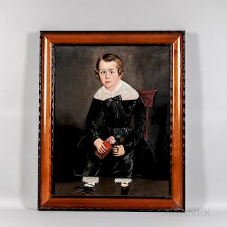 American School, Mid-19th Century  Portrait of a Boy in Black Holding a Flower and a Book