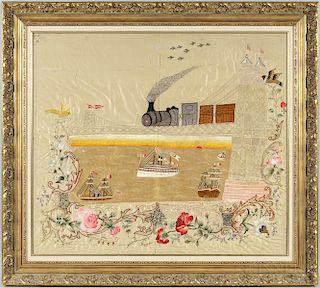 Large Needlework Picture with Train Crossing a Bridge