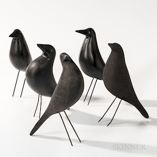 Five Carved and Black-painted Crow Decoys