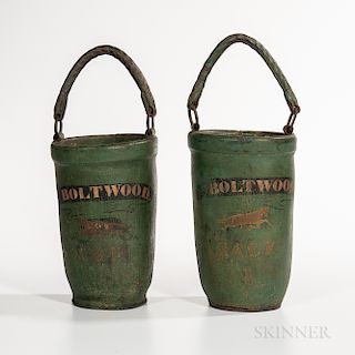 Pair of Green-painted and Decorated Leather Fire Buckets