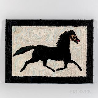 Hooked Rug with Trotting Black Horse