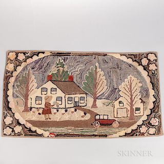 Hooked Rug with Little Girl and House Scene