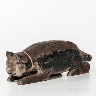 Carved and Painted Pine Figure of a Crouching Cat