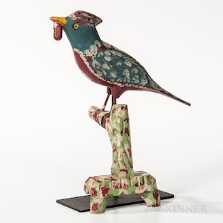 Small Carved and Painted Bird on Perch