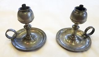TWO MINIATURE AMERICAN PEWTER WHALE OIL COURTING LAMPS