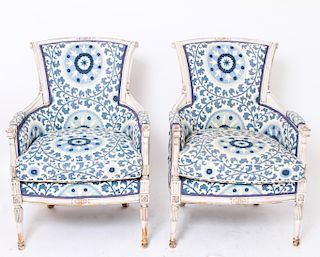 French Louis XI Manner Bergere Armchairs, Pair