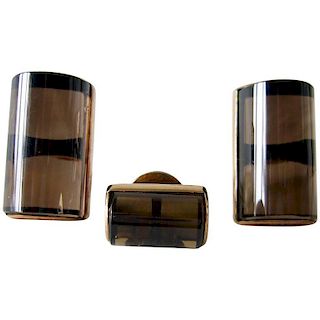 Gold Smokey Quartz Mid Century Modernist Cufflinks and Tie Tac Set
