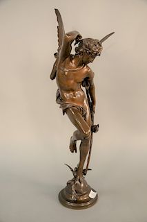 J. Coutan bronze sculpture of cupid angel holding bow with wings on base marked "J. Coutan Rome B Colins Paris." Ht. 26 in.
