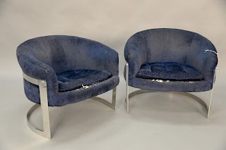 Pair of Milo Baughman barrel back upholstered chairs with chrome frames. Ht. 26 1/2 in., Wd. 31 in.