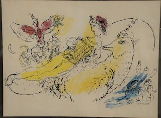 Marc Chagall colored lithograph, "The Accordionist," having bird with a figure in image. Sight size 18 1/2" x 24"