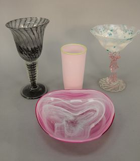 Group of artglass to include set of six martini glasses, artist signed illegibly; group of five leopard goblets, set of six bowls an...