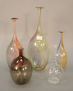 Group of five art glass vases to include three Kosta Boda by Kjell Engman; tri-colored Fidji bottle; double colored vase signed ille...