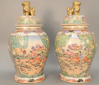 Pair of large Chinese porcelain Jars having painted English hunt scene, ht. 26 in.