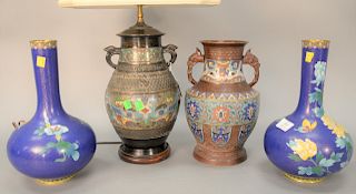 Four piece lot to include a pair of cloisonne vases (ht. 12 1/2 in.) and two champleve vases (ht. 12 1/2 in), one made into a table ...