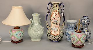 Six piece Chinese porcelain group to include a pair of famille rose jars made into lamps, two blue and white vases, Slatsuma large v...