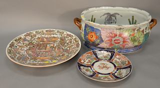 Three piece Chinese porcelain group to include large famille rose basin, lg. 21 1/2 in., along with two chargers, dia. 18" and 12".