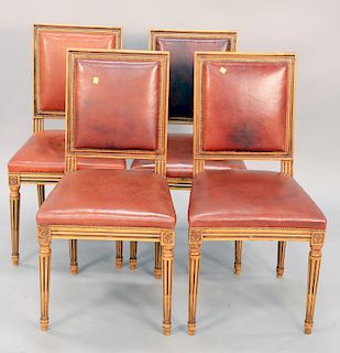 Set of four Louis XVI style side chairs with leather upholstered back and seats, receipt from 1976 for $1,236. Provenance: James Gra...