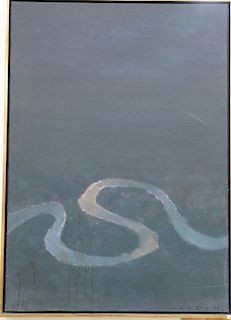 Oil on canvas, abstraction, River landscape, signed illegibly 1977. 51 1/2" x 36 1/2".