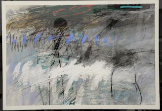 Snyder, abstract 1989, mixed media on paper, pencil signed and dated lower right, Phoenix Art Press label on back. 26 1/2" x 38".
