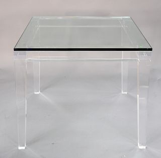 Artist unknown, Bespoke lucite table with thick glass top and heavy lucite base, very good condition. ht. 30 in., top: 36" x 36".