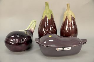 Group of four eggplant form pieces to include Fitz and Floyd ironstone covered serving dish; Le Creuset covered enameled egg plant f...