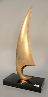 M.Delo for Pregos, "Sailboat in Abstraction" mid century modern, brass sail on black base, signed M.Delo #6/150, ht. 28 in.