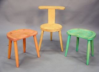 Set of three Bob Roakes stools, one with a back, one is pencil signed Bob Roakes underneath. stool with back ht: 30 in.
