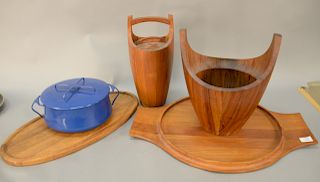 Group of five Dansk pieces to include two teak ice buckets, cutting board, large round serving tray, and an enamel Kobenstyle pot wi...