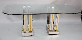 Romeo Rega dining table with glass top and heavy bases which could easily convert to consoles. ht. 29 1/2 in., top: 46" x 80". Estat...