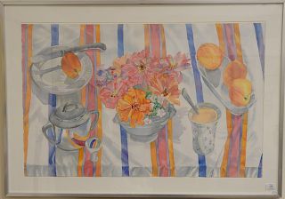 Group of five framed pieces of art to include watercolor still life, signed illegibly; large watercolor still life of table top, uns...
