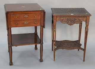 Two piece lot to include mahogany inlaid two drawer stand with drop leaves, ht. 30 in., top: 19"x19", along with carved one drawer stand, ht. 27 1/2 i