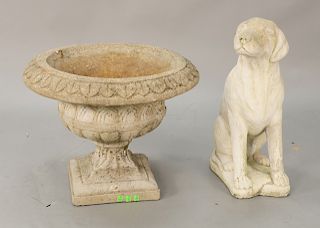 Two piece lot to include two cement outdoor pieces including a dog and a planter.