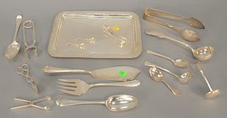 Silver lot to include small tray, flatware and tongs, troy ounces: 37.9. Provenance: An Estate from 5th Avenue, New York