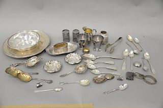 Silver lot mostly sterling silver with seven to eight coin spoons including two small Tiffany cups and Tiffany belt buckle, troy oun...