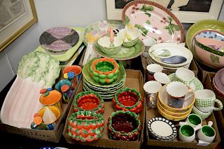 Six tray lots of pottery, hand painted pottery, and ceramics to include Droll designs serving dish, set of eight Bailet plates, Mari...