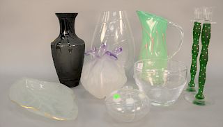 Group of nine art glass pieces to include Mary Argus bud vase, Jean Doubly pitcher, frosted glass vase, large Cenedese Albarelli cle...
