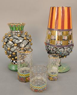 Mackenzie - Childs group to include two glass urns with wood tops, glasses, small serving trays, butter dish, plates, bowls and cups.
