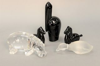 Five piece Baccarat figural group to include Baccarat crystal hippopotamus (Lg. 6 in.), frosted duck, two Trojan horses, and a pelican.